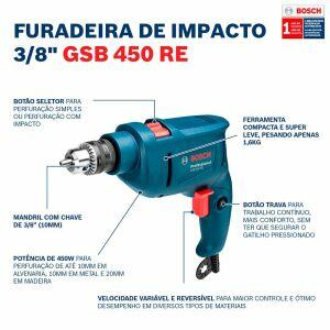 Furadeira de Impacto 3/8'' GSB450-RE 450W Bosch Furadeira de Impacto 3/8'' GSB450-RE 450W Bosch