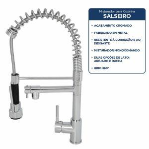 Torneira Misturador Monocomando para Cozinha de Mesa Bica Alta com Ducha ½” Salseiro Duplo Cromado Addra