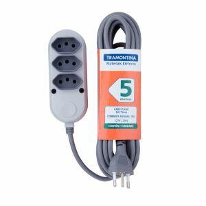 Extensão 5 Metros 3 Tomadas 2 Pinos + Terra 10 Amperes 250 Volts Cinza Claro Tramontina