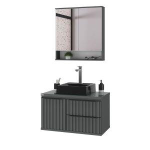 Gabinete para Banheiro MDF/MDP com Tampo Vidro Cecilia Chumbo 78cm C-Linea