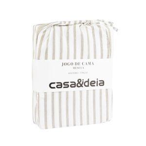 Jogo de Cama Solteiro 180 Fios Mescla Cinza/Branco Listra Casa&Ideia