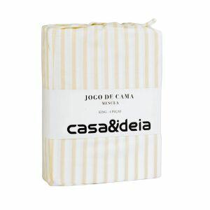 Jogo de Cama King Mescla 180 Fios Branco/Bege Listra Casa&Ideia