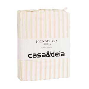 Jogo de Cama Casal Mescla 180 Fios Branco/Bege Listra Casa&Ideia