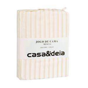 Jogo de Cama Solteiro Mescla 180 Fios Branco/Bege Listra Casa&Ideia