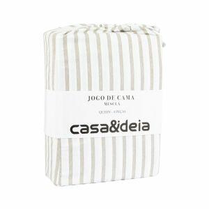 Jogo de Cama Queen 180 Fios Mescla Cinza/Branco Listra Casa&Ideia