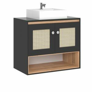 Gabinete para Banheiro 70cm Lunna Plus Preto e Bege Suspenso C-Linea