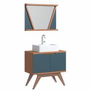 Kit Gabinete para Banheiro MDF/MDP com Cuba Onix Azul Petroleo 80cm C-Linea