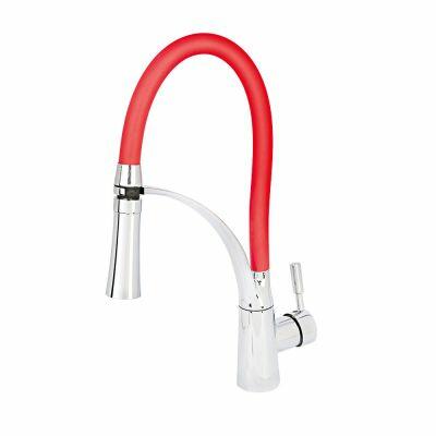 Torneira Misturador Monocomando para Cozinha de Mesa Bica Alta 1/2'' Color Flex com Ducha Vermelho Addra