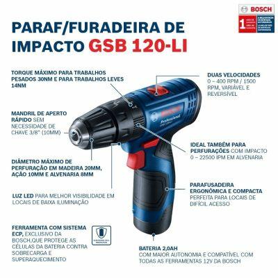 Furadeira Parafusadeira Bateria 12V GSB 120-LI Bivolt Bosch