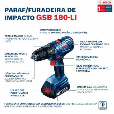 Furadeira Parafusadeira Impacto GSB 180-LI 18V 1/2" Bivolt Bosch