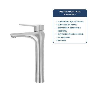 Torneira Misturador Monocomando para Banheiro de Mesa Bica Alta ½ Rio Aço Escovado Addra