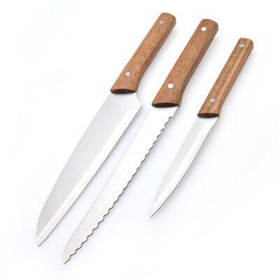 Jogo Faca de Cozinha 3 Peças Com Cabo Acacia Fosco Inox Casa&ideia