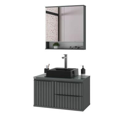 Gabinete para Banheiro MDF/MDP com Tampo Vidro Cecilia Chumbo 78cm C-Linea
