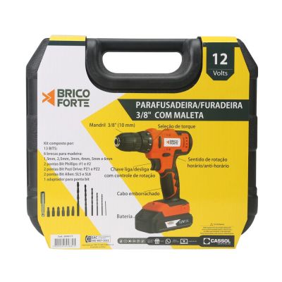 Furadeira Parafusadeira com Maleta Laranja Bivolt 12v 3/8" Brico Forte