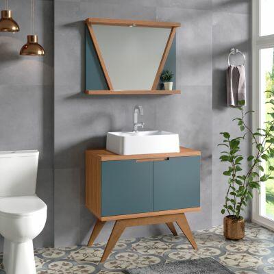 Kit Gabinete para Banheiro MDF/MDP com Cuba Onix Azul Petroleo 80cm C-Linea