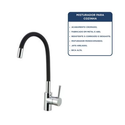 Torneira Misturador Monocomando para Cozinha de Mesa Bica Alta 1/2'' Fluir Flex Preto Addra