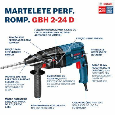 Martelete Perfurador Rompedor GBH 2-24 D 820W com Maleta Bosch