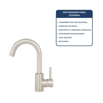 Torneira Misturador Monocomando para Cozinha de Mesa Bica Baixa 1/2" Leia Aço Inox Addra