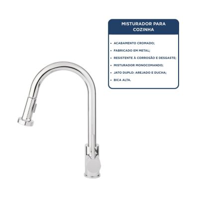 Torneira Misturador Monocomando para Cozinha de Mesa Bica Alta 1/2'' Curve Flex Cromado Addr