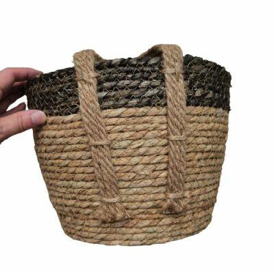 Cachepô com Alça Bicol Borda Superior 20x20x17cm Cinza Forro Natural Fascino