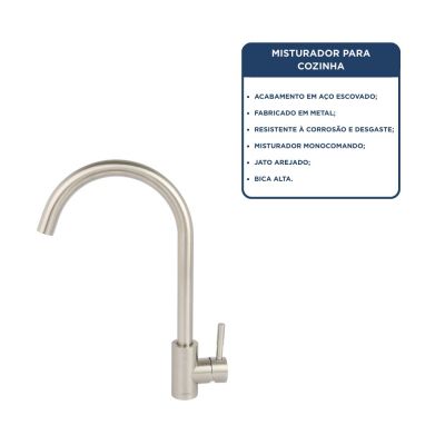 Torneira Misturador Monocomando para Cozinha de Mesa Bica Alta 1/2" Sabrina Aço Inox Addra
