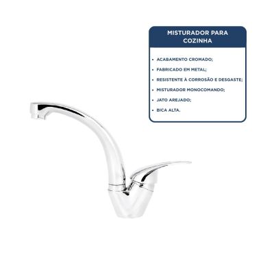 Torneira Misturador Monocomando para Cozinha de Mesa Bica Baixa 1/2" Gota Cromado Addra