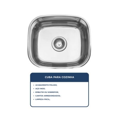 Cuba para Cozinha de Embutir Com Válvula Alto Brilho Inox Simples 43x37cm Addra