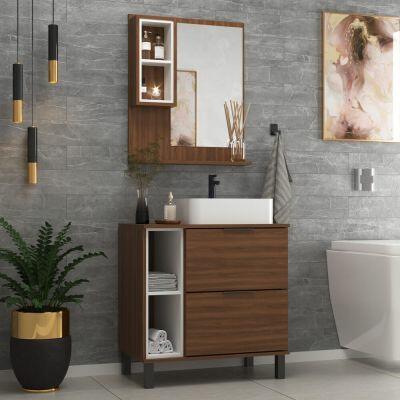Gabinete com Espelheira Viena Nogal/Branco 70cm Móveis Sander