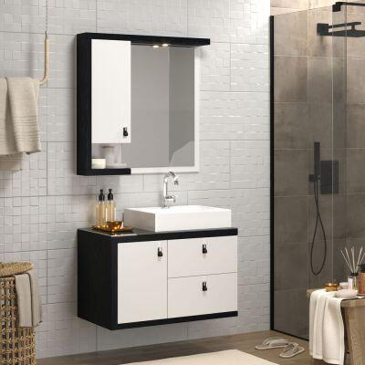 Espelheira para Banheiro MDF/MDP New Rovere Preto/Branco 80cm C-Linea