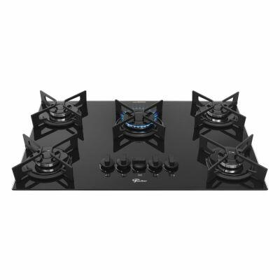 Cooktop G&aacute;s 5 Bocas Fit Line Vidro Preto Bivolt Fischer