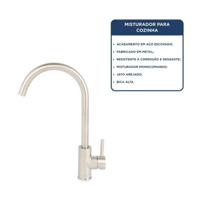 Torneira Misturador Monocomando para Cozinha de Mesa Bica Alta 1/2" Fonte Slim Aço Inox Addra