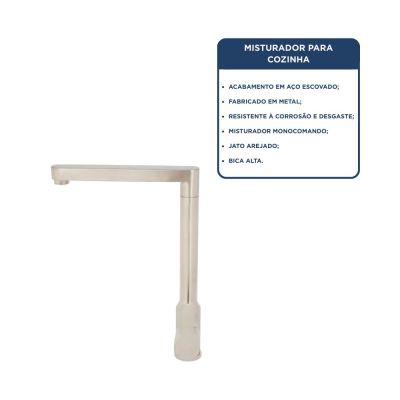 Torneira Misturador Monocomando para Cozinha de Mesa Bica Alta 1/2"  Névoa Aço Escovado Cromado Addra