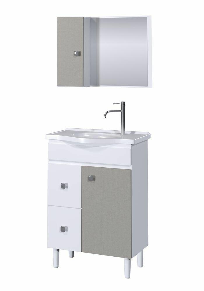 Kit Gabinete para Banheiro MDF com Espelheira e Tampo Rubi Branco/Cinza 60cm C-Linea