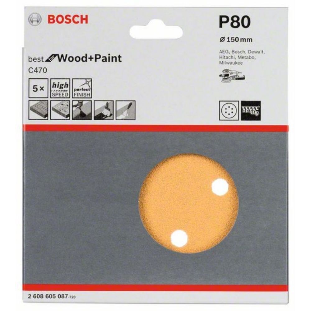 Disco de Lixa para Madeira 150mm Grão 80 5 Peças Bosch