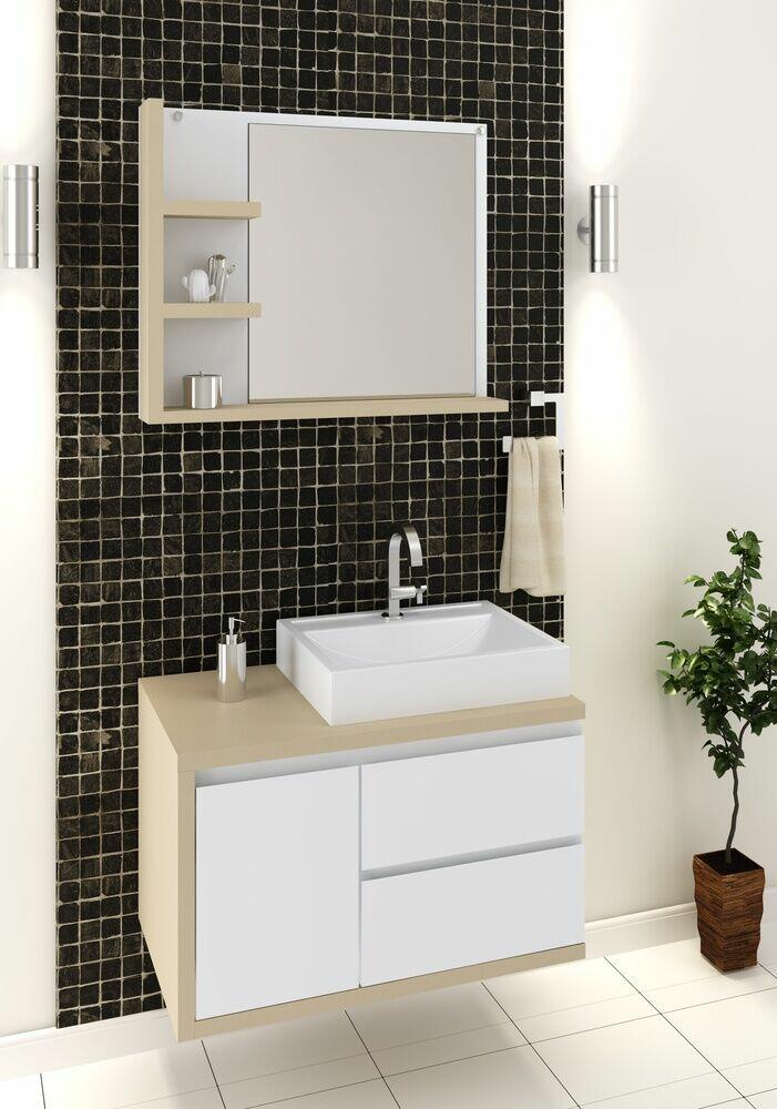 Kit Gabinete para Banheiro Suspenso MDF/MDP com Espelheira Marselha Branco/Nude 80cm C-Linea