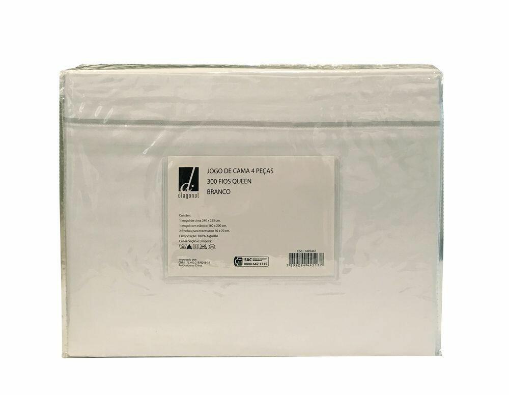 Jogo de Cama Casal Diagonal 300 Fios Branco 4 Peças