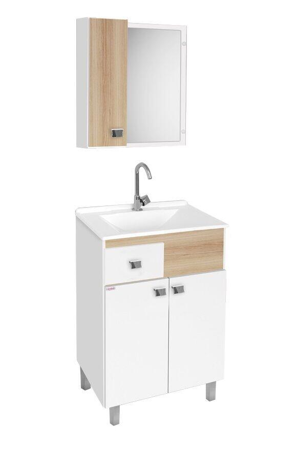 Kit Gabinete para Banheiro MDF/MDP com Tampo Pop Branco/Carvalho 58cm C-Linea