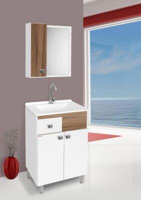 Kit Gabinete para Banheiro MDF/MDP com Tampo Pop Branco/Nogal 58cm C-Linea