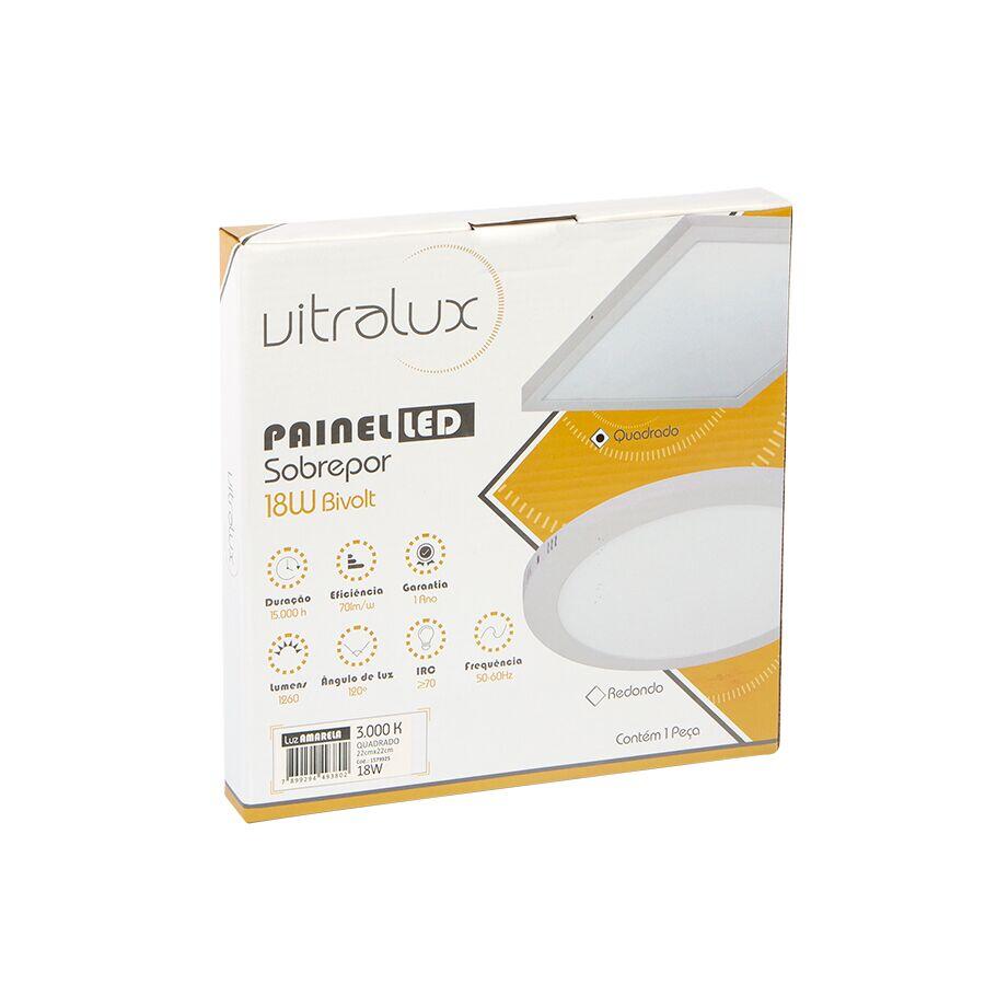 Painel LED Sobrepor Quadrado Luz Amarela 18W 3000K 22cm Vitralux