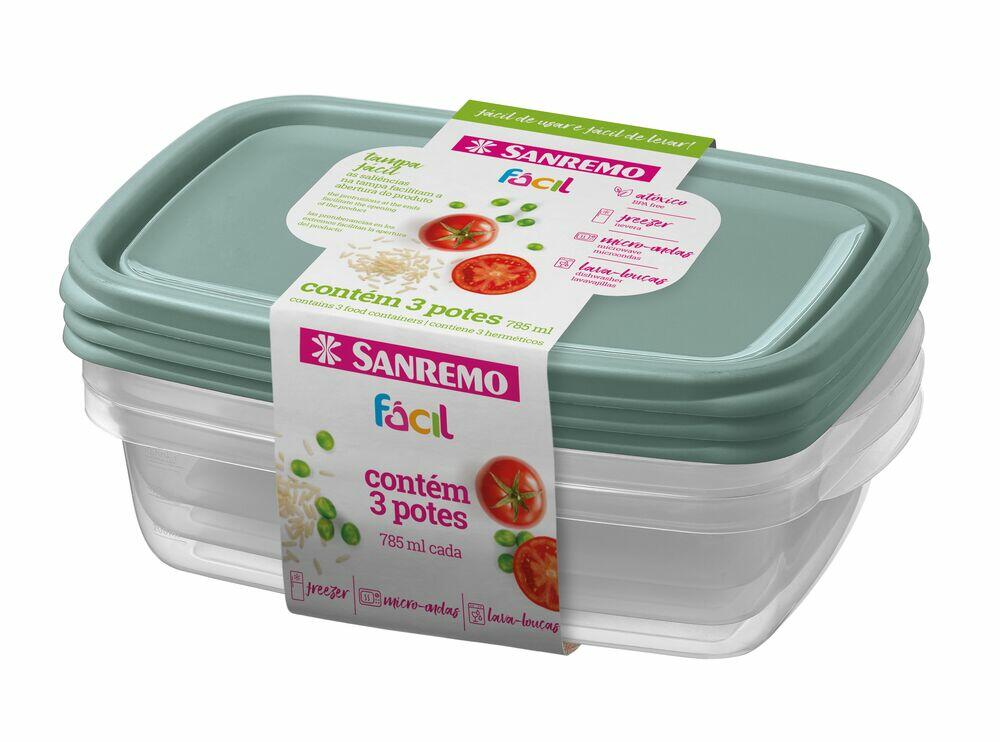 Jogo de Potes Sanremo Retangular 785ml 3 Peças Incolor/Azul