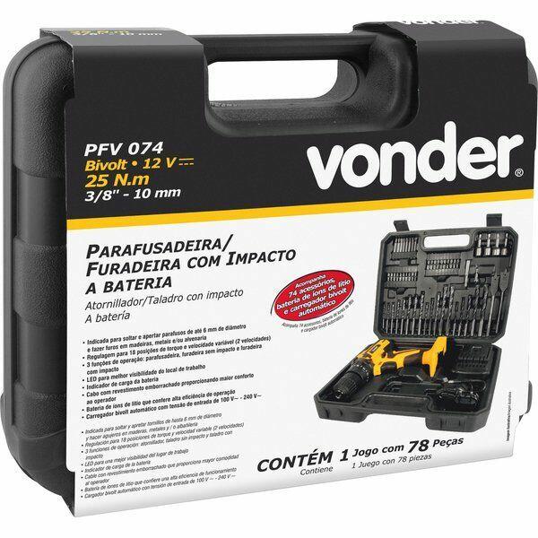 Furadeira Parafusadeira Bateria 12V PFV 074 Bivolt com Maleta Vonder