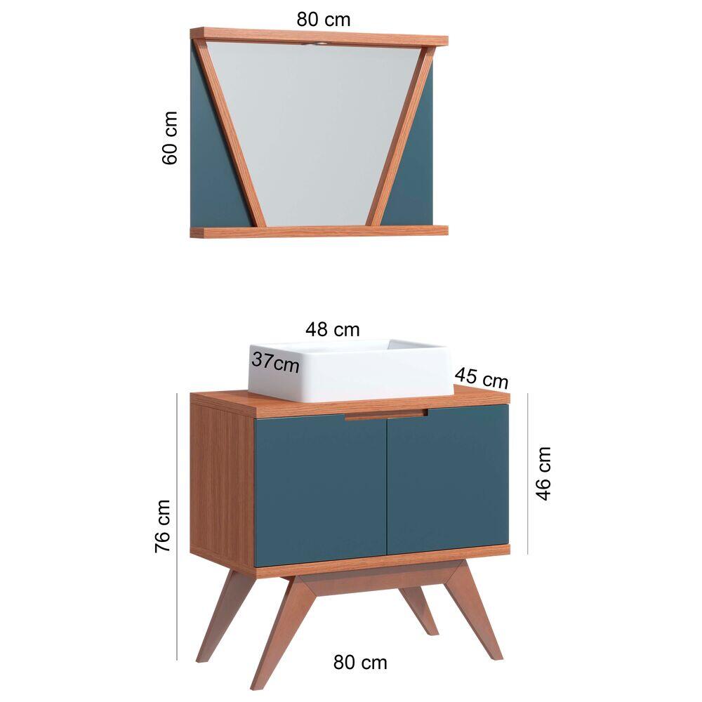Kit Gabinete para Banheiro MDF/MDP com Cuba Onix Azul Petroleo 80cm C-Linea