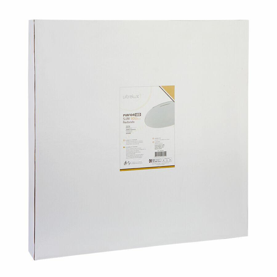 Plafon LED Slim 50W 6500K 50cm Redondo Luz Branca Vitralux