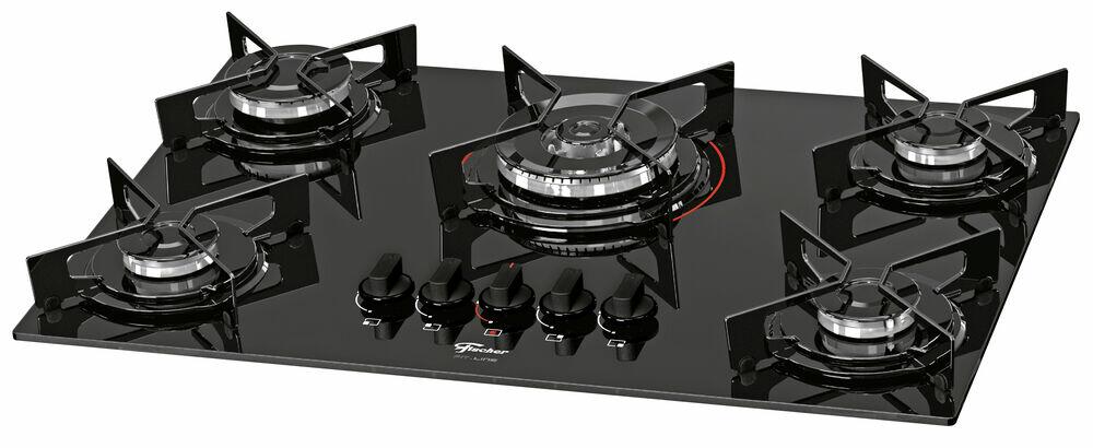 Cooktop a Gás 5 Bocas TC Fit Line Vidro Preto Fischer