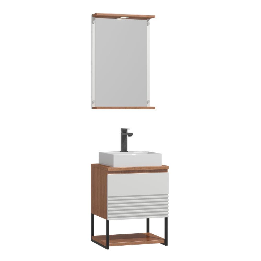 Gabinete para Banheiro com Tampo e Espelheira MDF/MDP Orion Branco/Cinamomo 62x41cm C-Linea