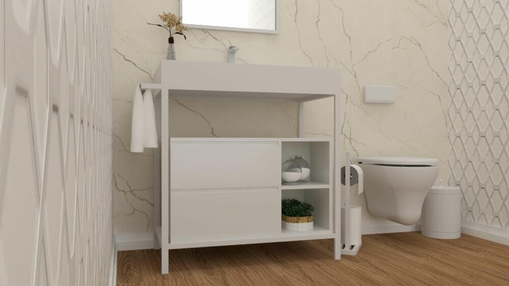 Balcão para Banheiro Iron Steel Wood 85cm Branco Fosco Venturi