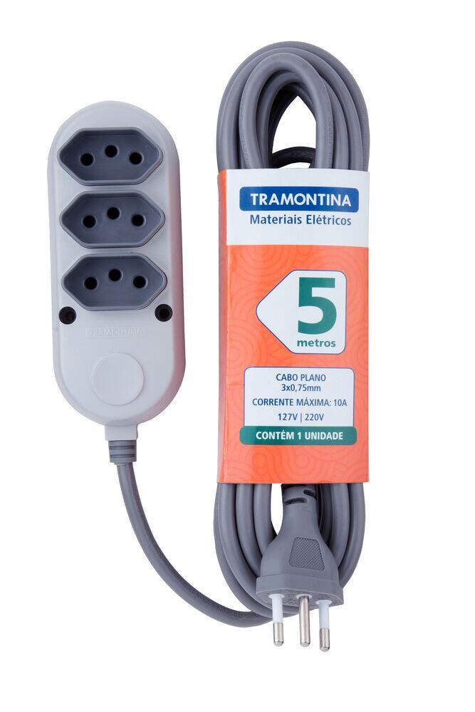Extensão 5 Metros 3 Tomadas 2 Pinos + Terra 10 Amperes 250 Volts Cinza Claro Tramontina