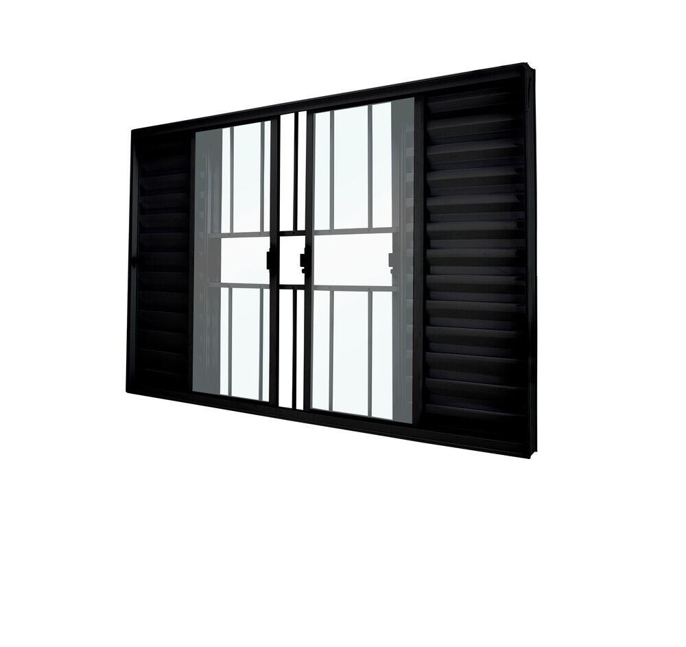 Janela de Correr Veneziana 6 Folhas 2 Fixas com grade 100x100 Preto Fosco CRV