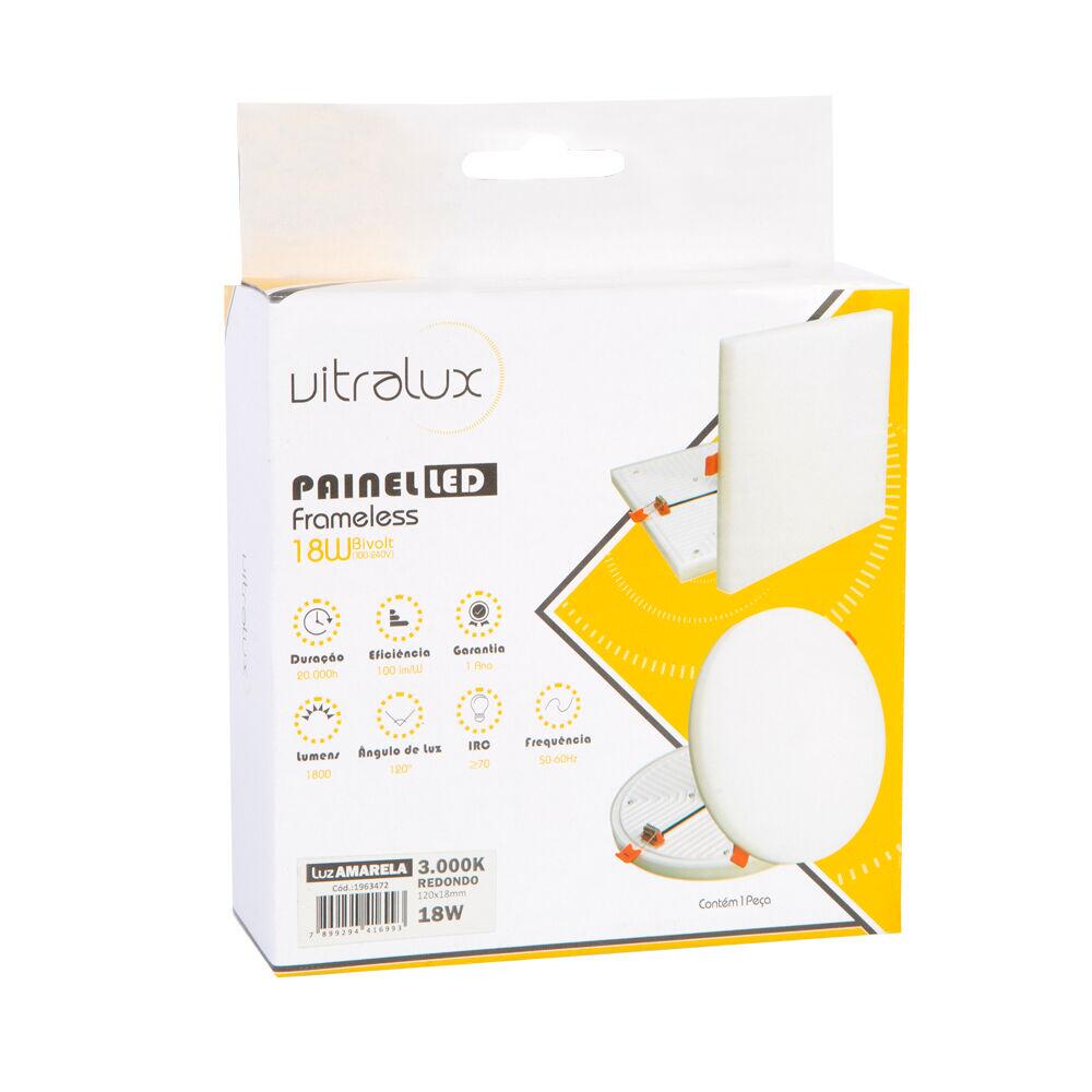 Painel LED Frameless Redondo 18W 3000K Branco Vitralux