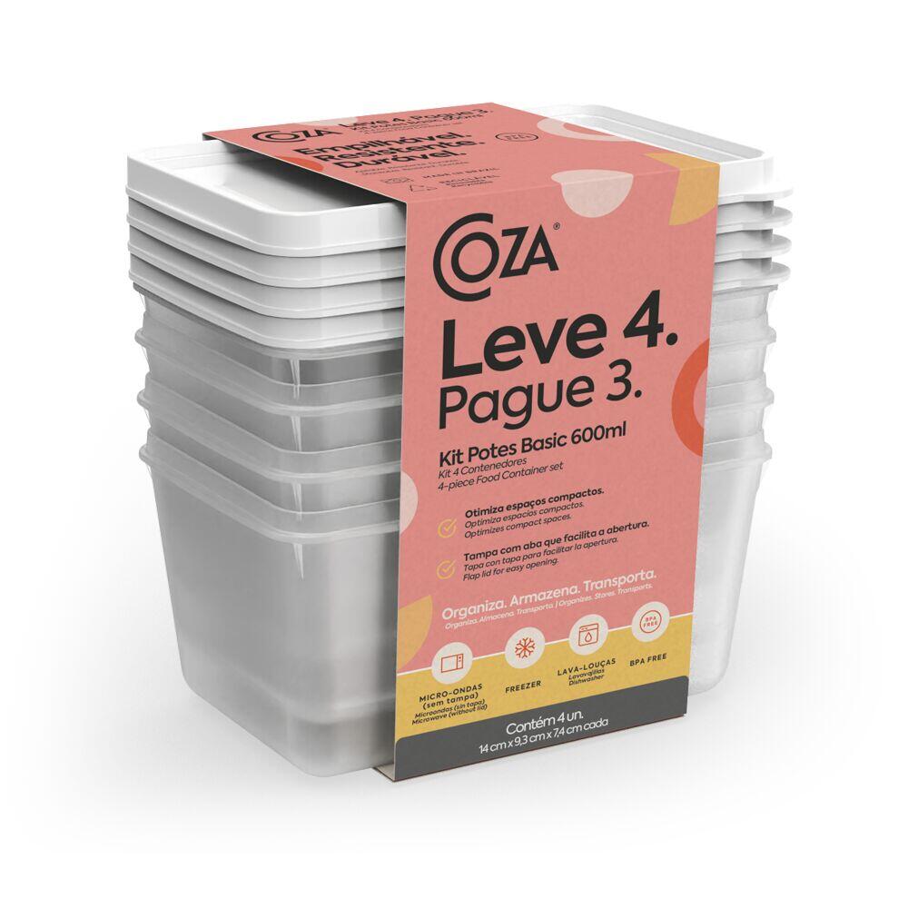 Kit Pote de Plástico com 4 Peças Basic Natural LV4PG3 600ml Coza